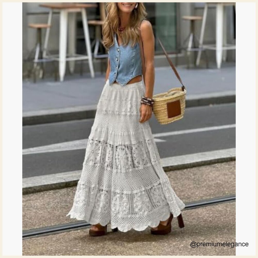 Western Floral Lace Crochet Maxi Boho Skirt A-Line Elastic Waist - Picture 2 of 2